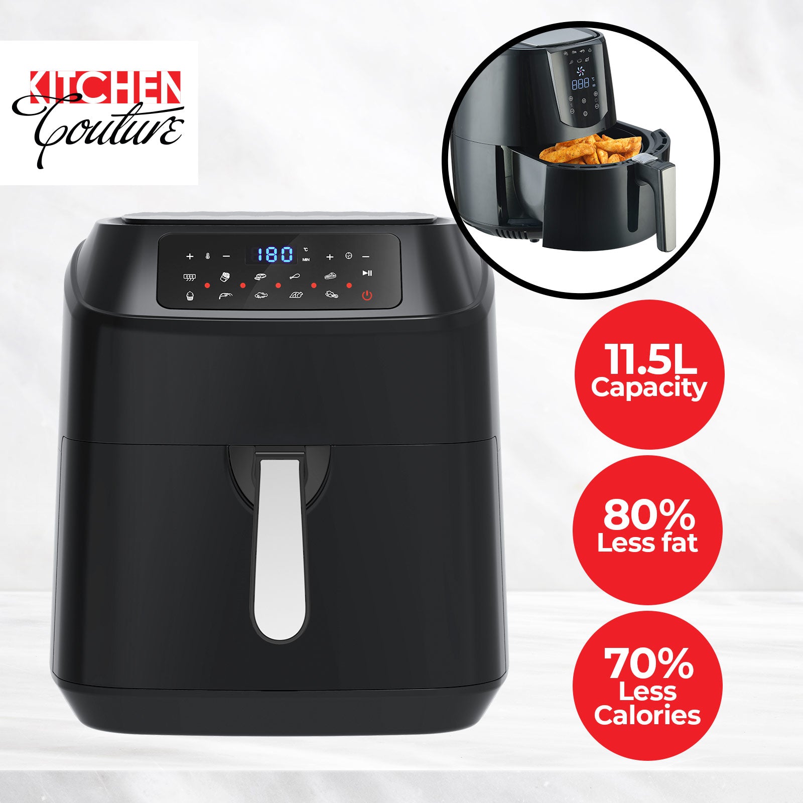 Kitchen Couture 11.5 Litre Air Fryer Multifunctional LCD Digital Display - Black-Small Kitchen Appliances-PEROZ Accessories