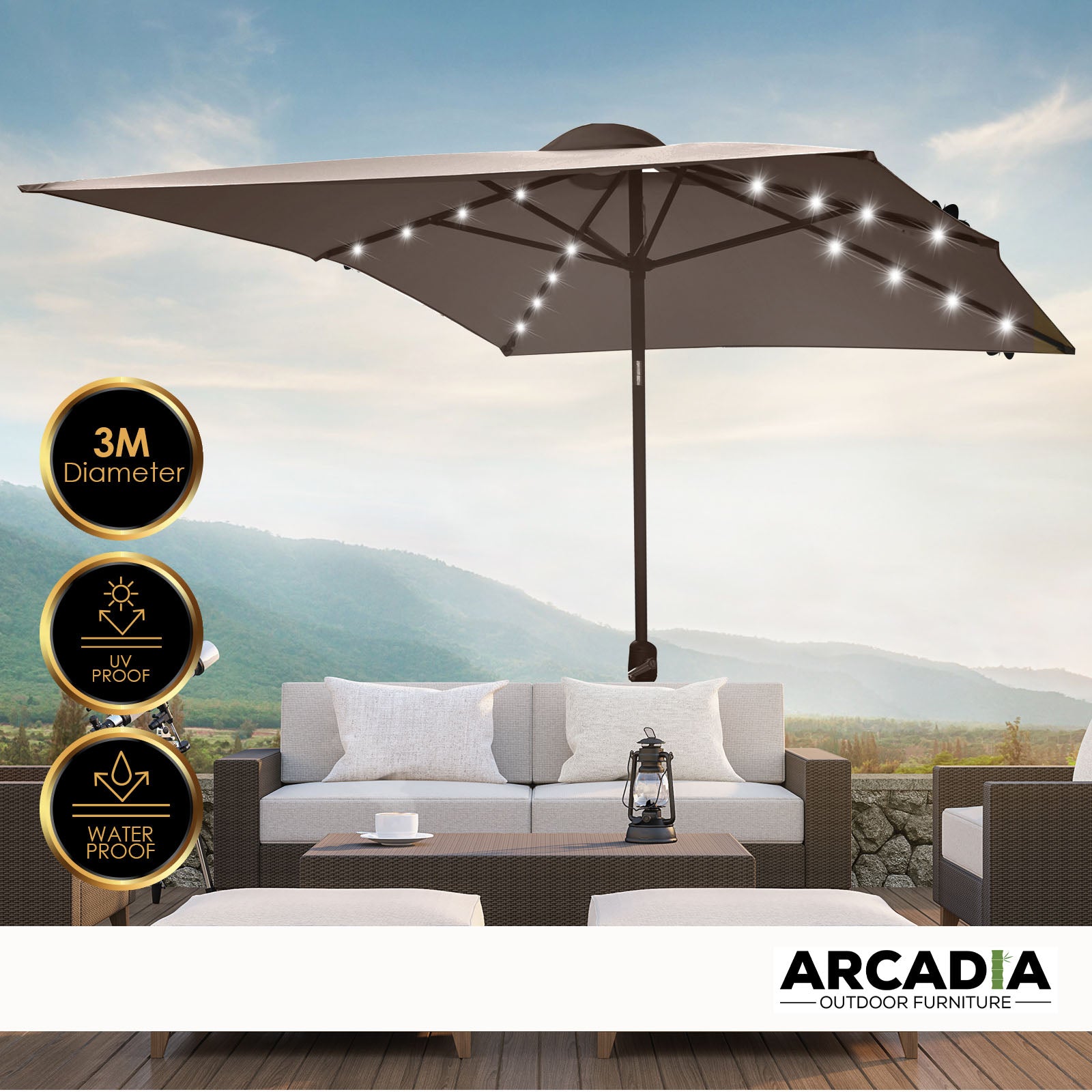 Arcadia Furniture Umbrella 3 Metre Umbrella with Solar LED Lights Garden Yard-Outdoor Umbrellas-PEROZ Accessories