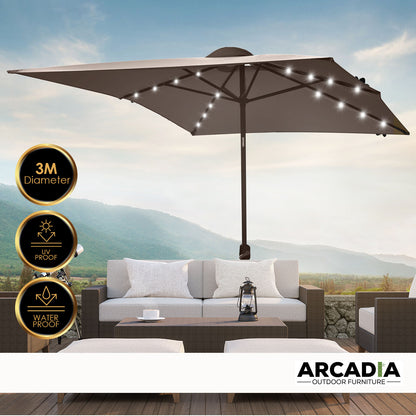 Arcadia Furniture Umbrella 3 Metre Umbrella with Solar LED Lights Garden Yard-Outdoor Umbrellas-PEROZ Accessories