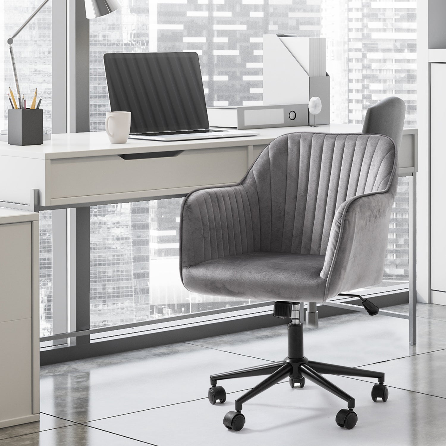 Casa Decor Arles Velvet Office Chair Mid Back Swivel Height Adjustable - Grey-Office Chairs-PEROZ Accessories