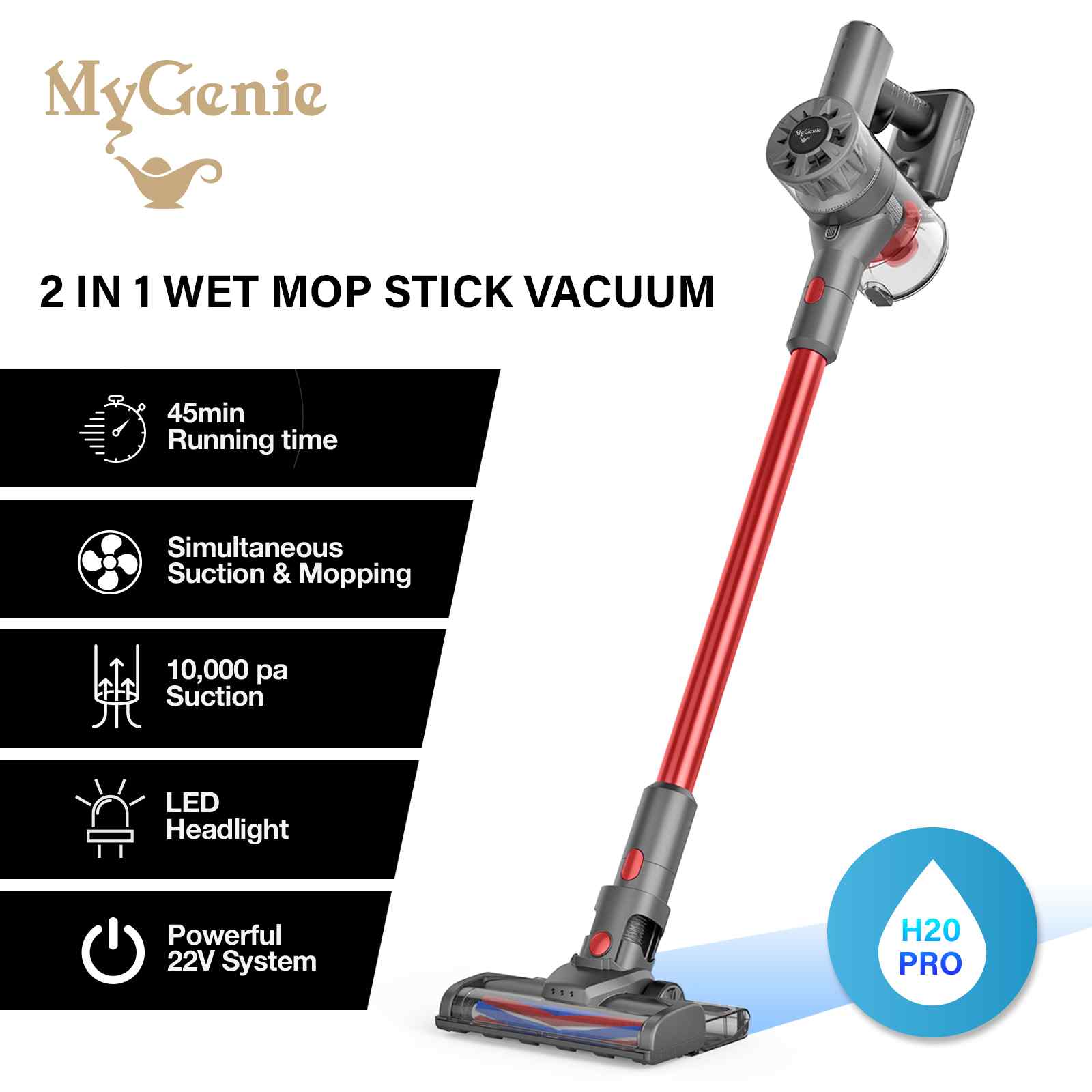 MyGenie H20 PRO Wet Mop 2-IN-1 Cordless Stick Vacuum Cleaner Handheld Recharge-Small Home Appliances-PEROZ Accessories