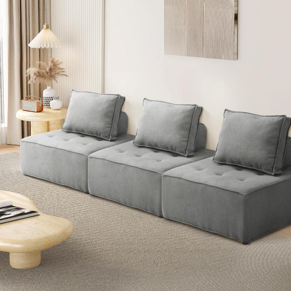 Oikiture 3PCS Modular Sofa Lounge Chair Armless Adjustable Back Linen Grey-Armchairs-PEROZ Accessories