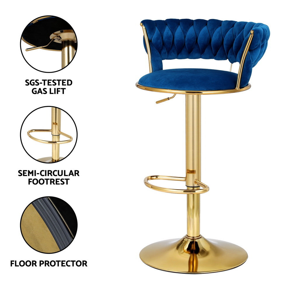 Artiss 2x Bar Stools Gas Lift Velvet Woven Backrest Navy-Furniture &gt; Bar Stools &amp; Chairs &gt; Table &amp; Bar Stools-PEROZ Accessories