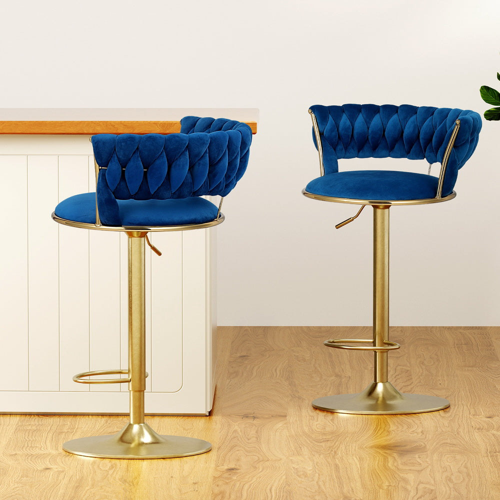 Artiss 2x Bar Stools Gas Lift Velvet Woven Backrest Navy-Furniture &gt; Bar Stools &amp; Chairs &gt; Table &amp; Bar Stools-PEROZ Accessories