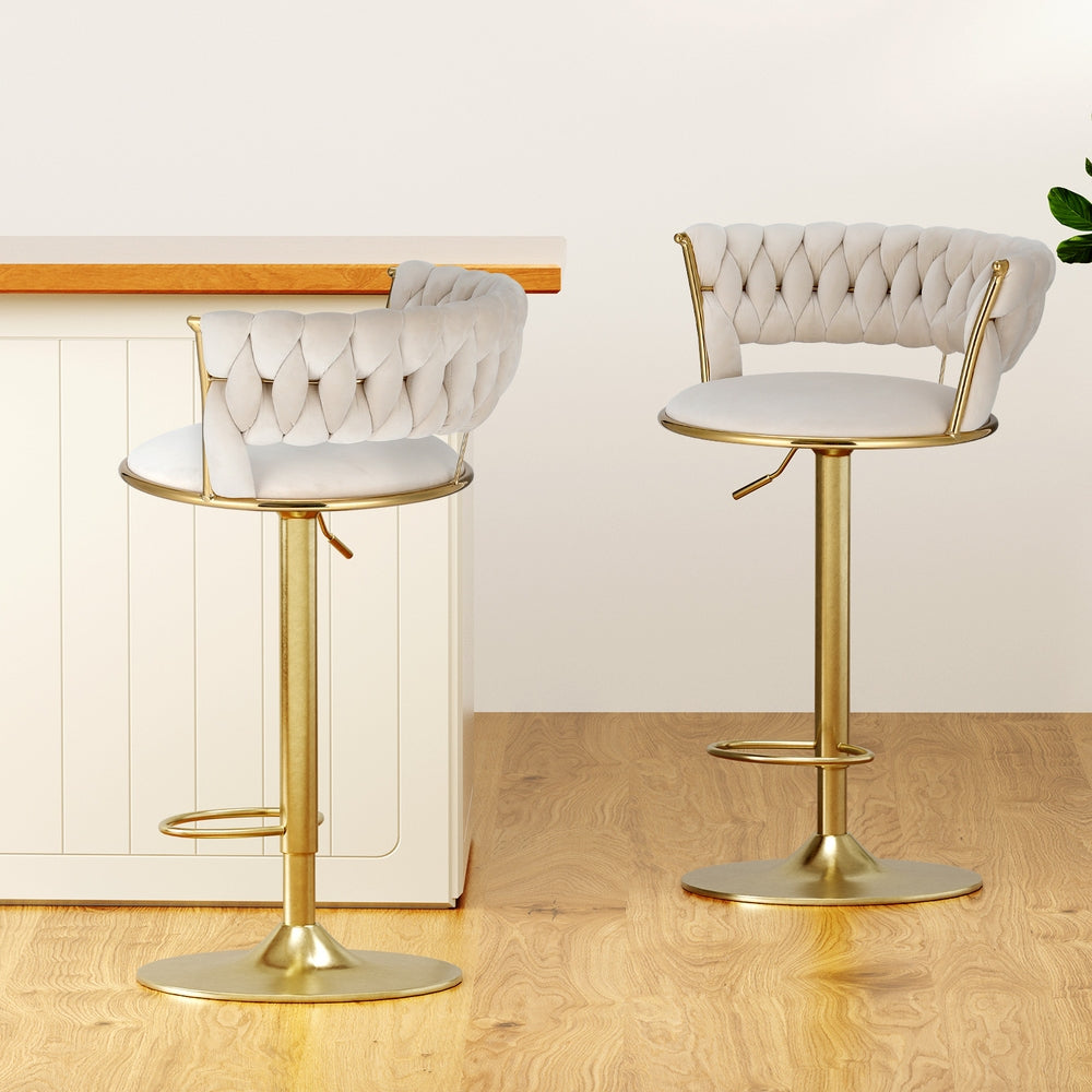 Artiss 2x Bar Stools Gas Lift Velvet Woven Backrest Ivory-Furniture &gt; Bar Stools &amp; Chairs &gt; Table &amp; Bar Stools-PEROZ Accessories