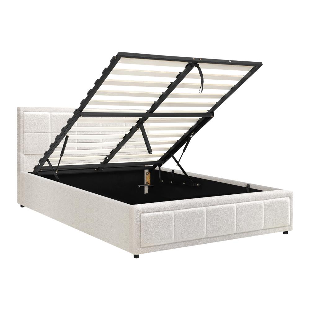 Oikiture Double Bed Frame Gas Lift Storage Base Boucle White-Bed Frames-PEROZ Accessories