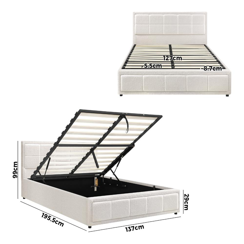 Oikiture Double Bed Frame Gas Lift Storage Base Boucle White-Bed Frames-PEROZ Accessories