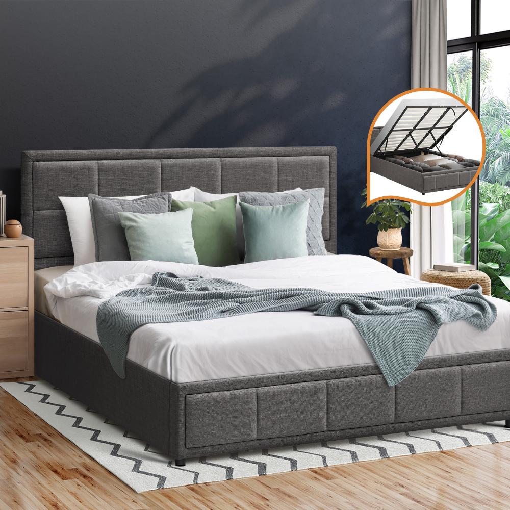 Oikiture Bed Frame King Size Gas Lift Storage Base Fabric Grey-Bed Frames-PEROZ Accessories