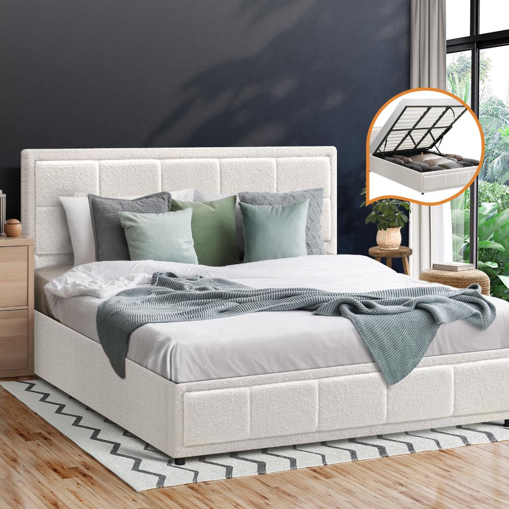 Oikiture King Bed Frame Gas Lift Storage Base Boucle White-Bed Frames-PEROZ Accessories