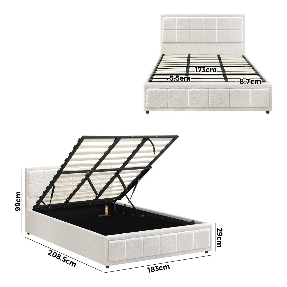 Oikiture King Bed Frame Gas Lift Storage Base Boucle White-Bed Frames-PEROZ Accessories