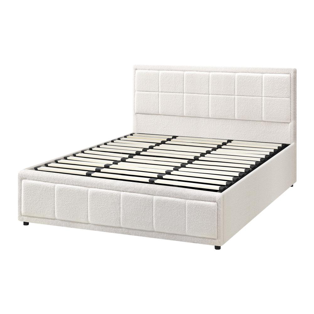 Oikiture King Bed Frame Gas Lift Storage Base Boucle White-Bed Frames-PEROZ Accessories