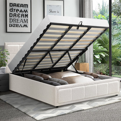 Oikiture King Bed Frame Gas Lift Storage Base Boucle White-Bed Frames-PEROZ Accessories