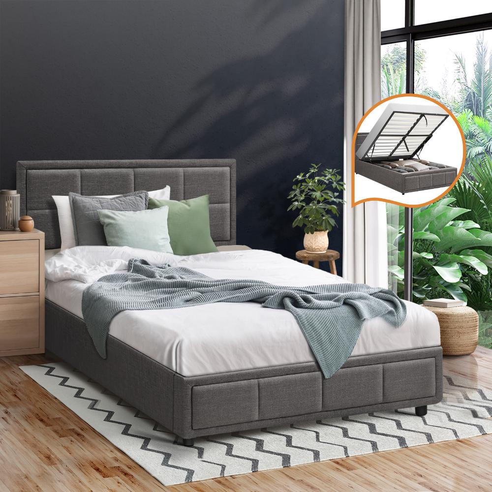 Oikiture Bed Frame King Single Gas Lift Storage Base Fabric Grey-Bed Frames-PEROZ Accessories