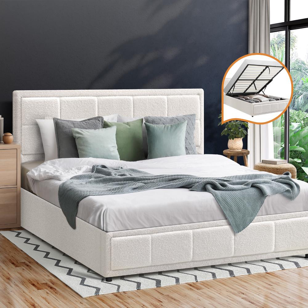 Oikiture Queen Bed Frame Gas Lift Storage Base Boucle White-Bed Frames-PEROZ Accessories