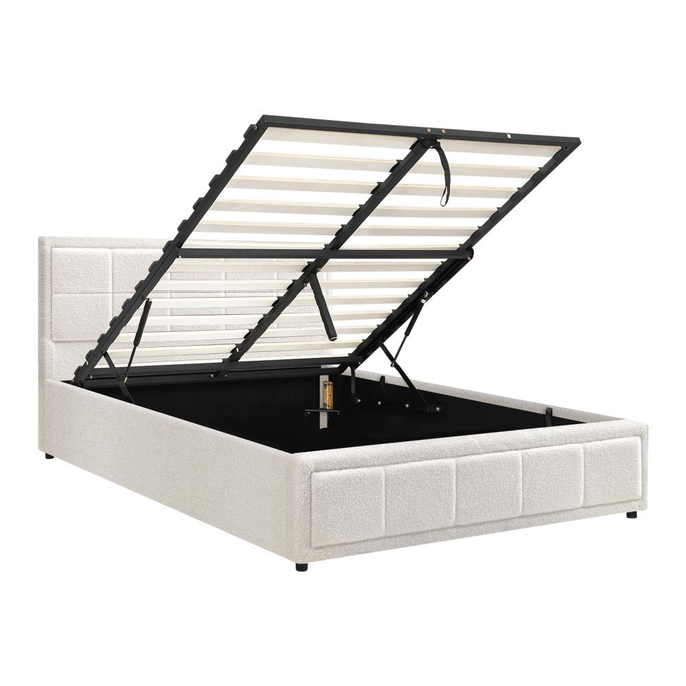 Oikiture Queen Bed Frame Gas Lift Storage Base Boucle White-Bed Frames-PEROZ Accessories