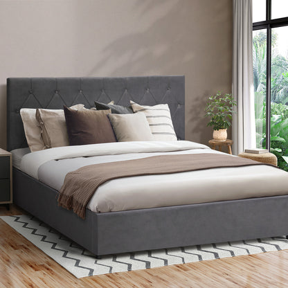 Oikiture Bed Frame Double Size Gas Lift Base Storage Fabric Grey-Bed Frames-PEROZ Accessories