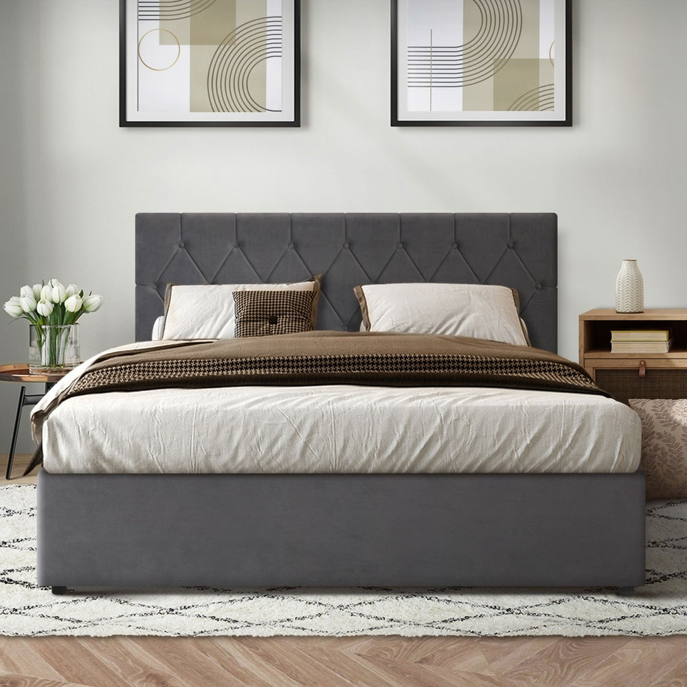 Oikiture Bed Frame Double Size Gas Lift Base Storage Fabric Grey-Bed Frames-PEROZ Accessories