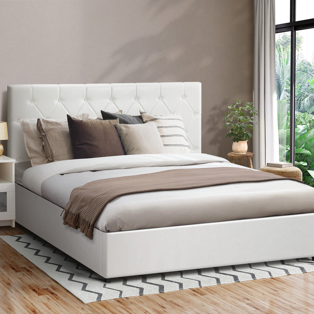 Oikiture Bed Frame Double Size Gas Lift Base Storage Leather White-Bed Frames-PEROZ Accessories