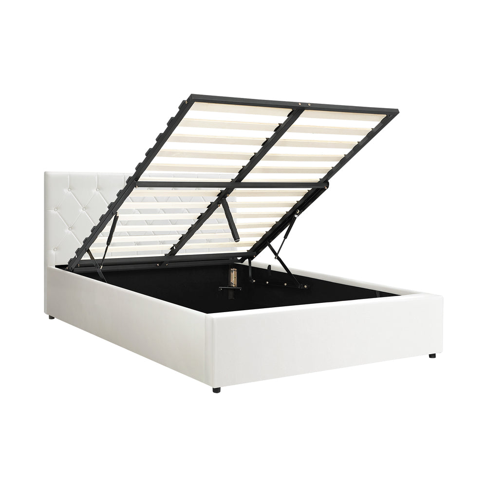 Oikiture Bed Frame Double Size Gas Lift Base Storage Leather White-Bed Frames-PEROZ Accessories