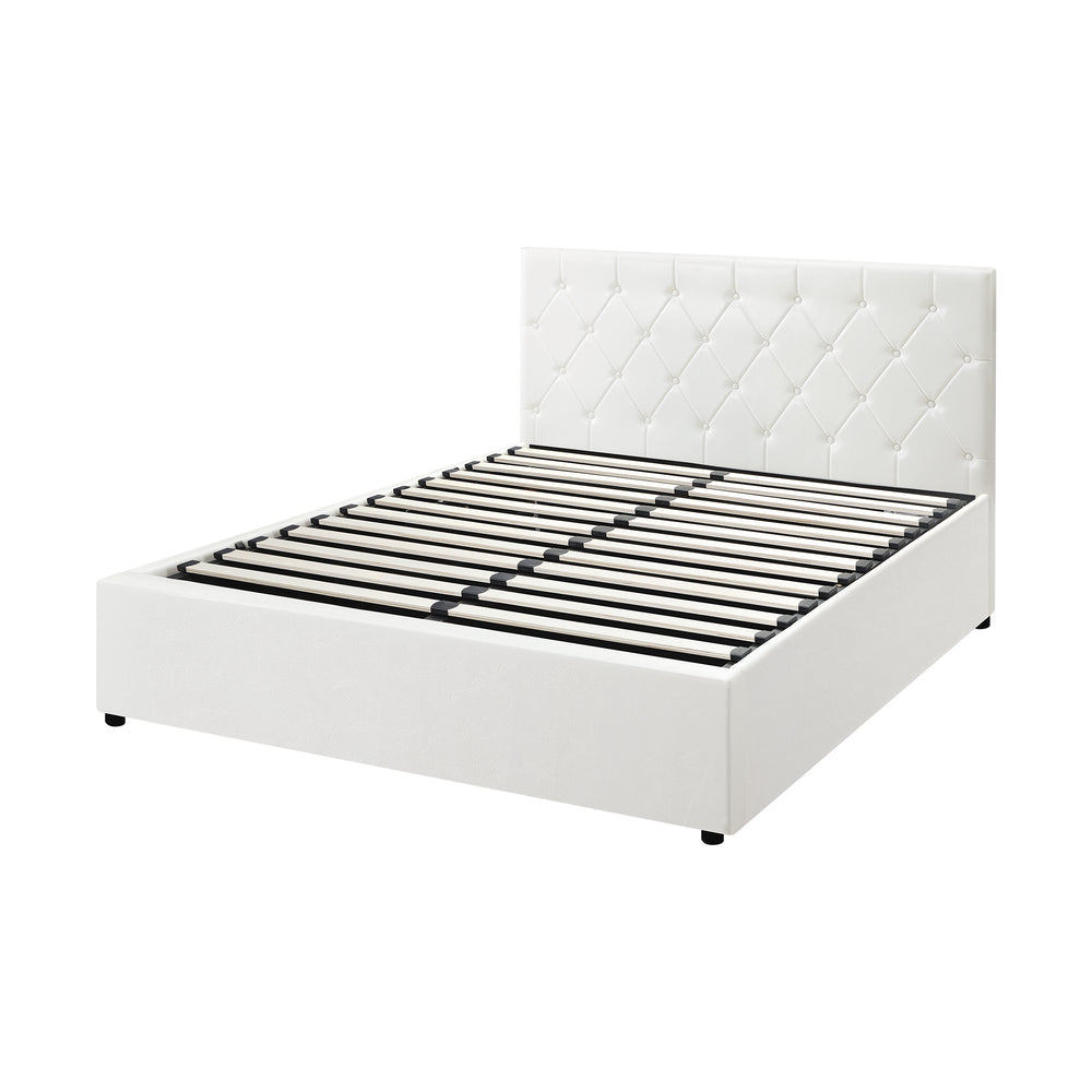 Oikiture Bed Frame Double Size Gas Lift Base Storage Leather White-Bed Frames-PEROZ Accessories