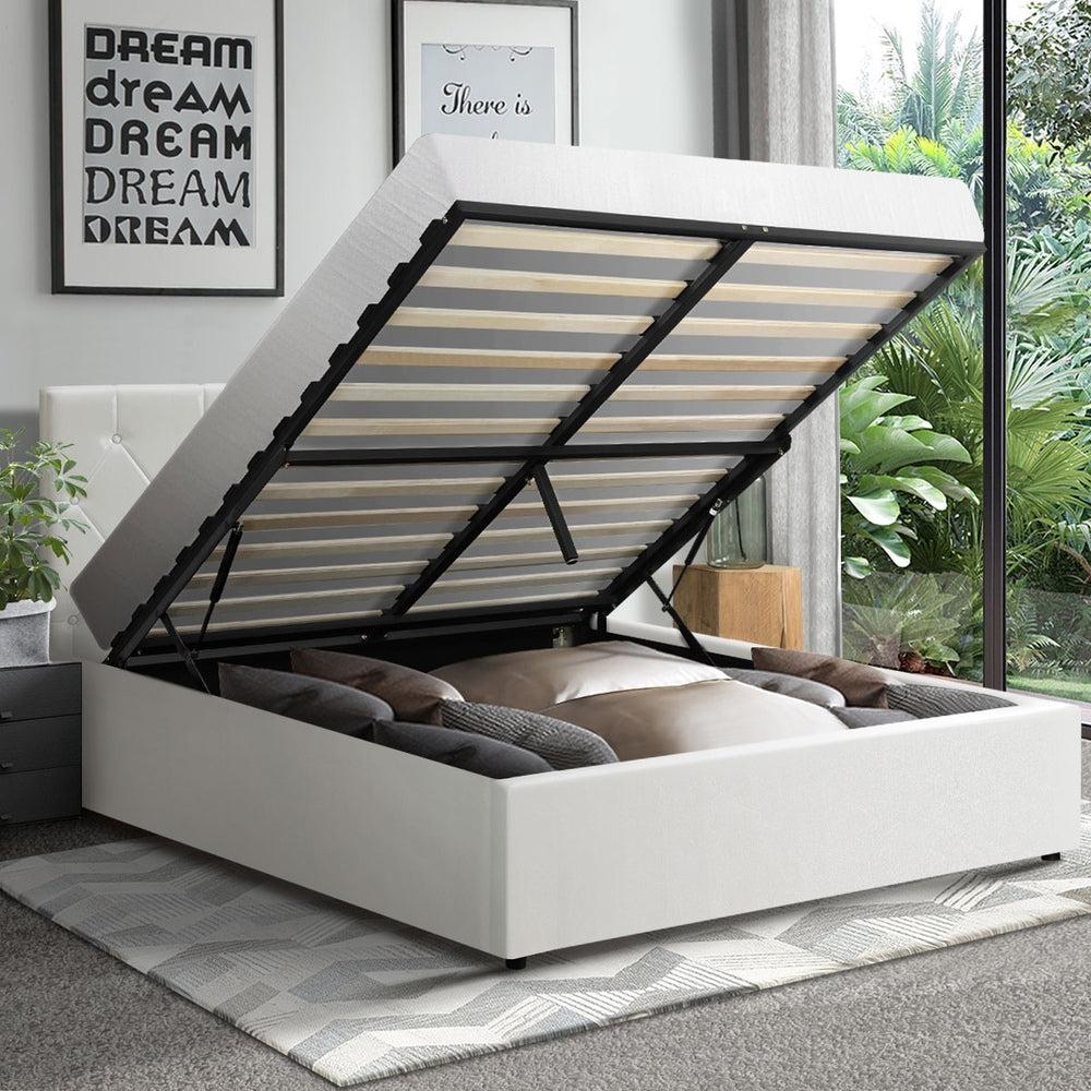 Oikiture Bed Frame Double Size Gas Lift Base Storage Leather White-Bed Frames-PEROZ Accessories