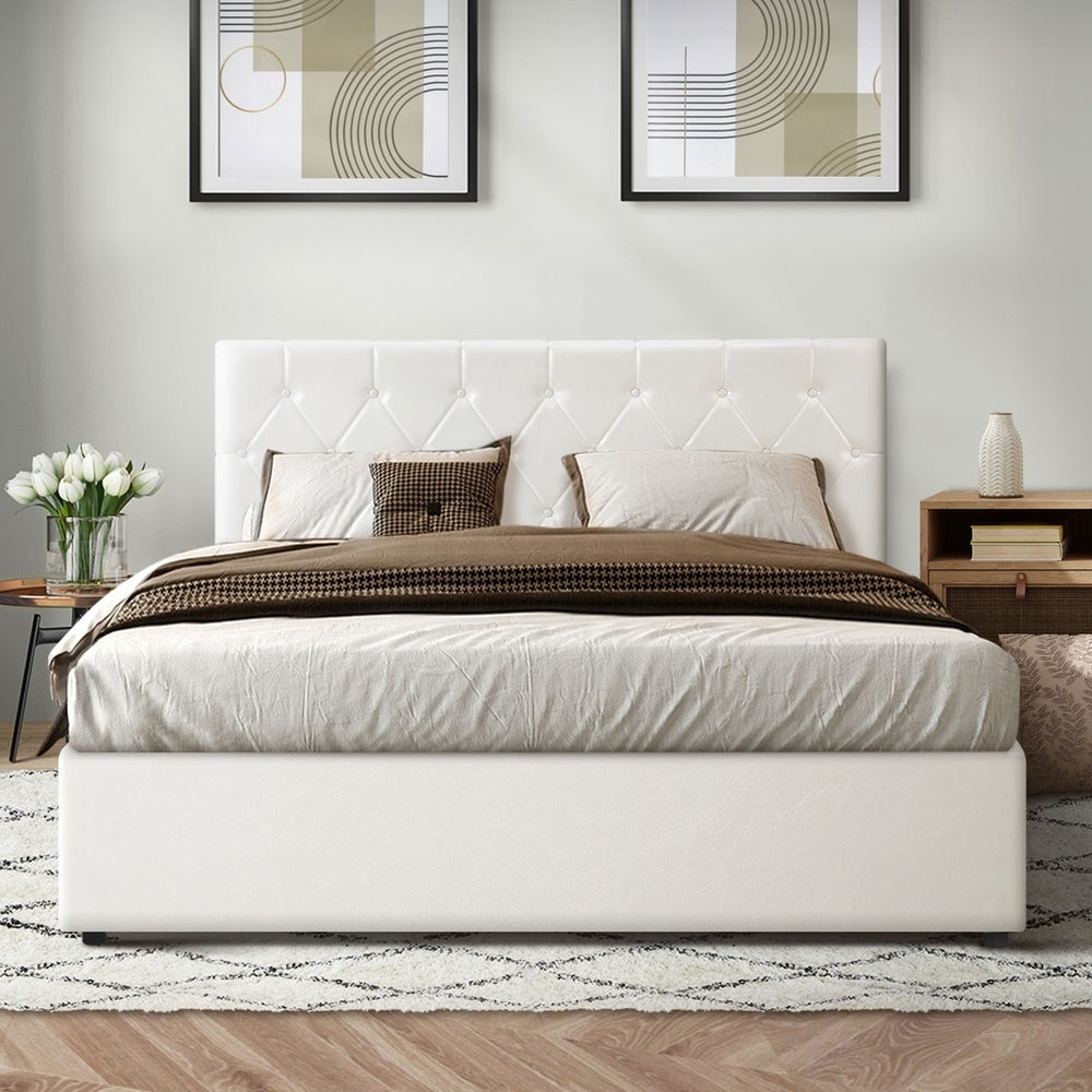 Oikiture Bed Frame Double Size Gas Lift Base Storage Leather White-Bed Frames-PEROZ Accessories