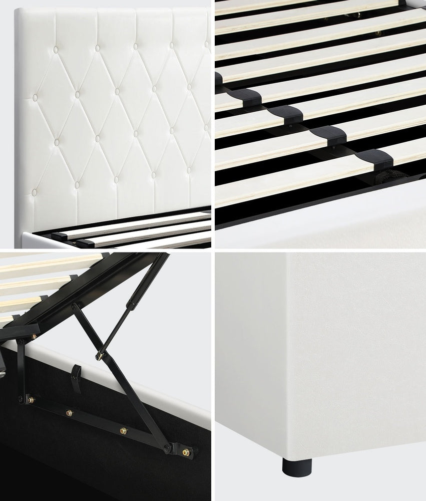 Oikiture Bed Frame Double Size Gas Lift Base Storage Leather White-Bed Frames-PEROZ Accessories