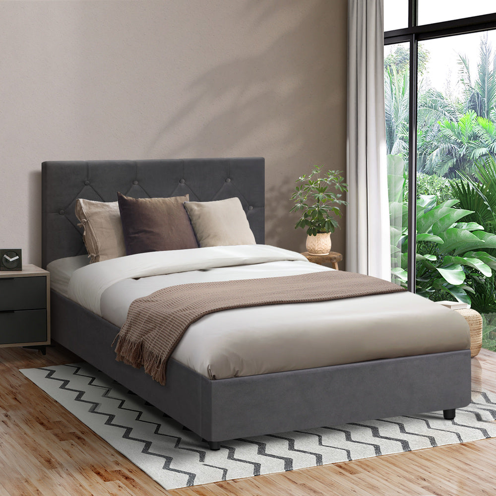 Oikiture Bed Frame King Single Gas Lift Base Storage Fabric Grey-Bed Frames-PEROZ Accessories