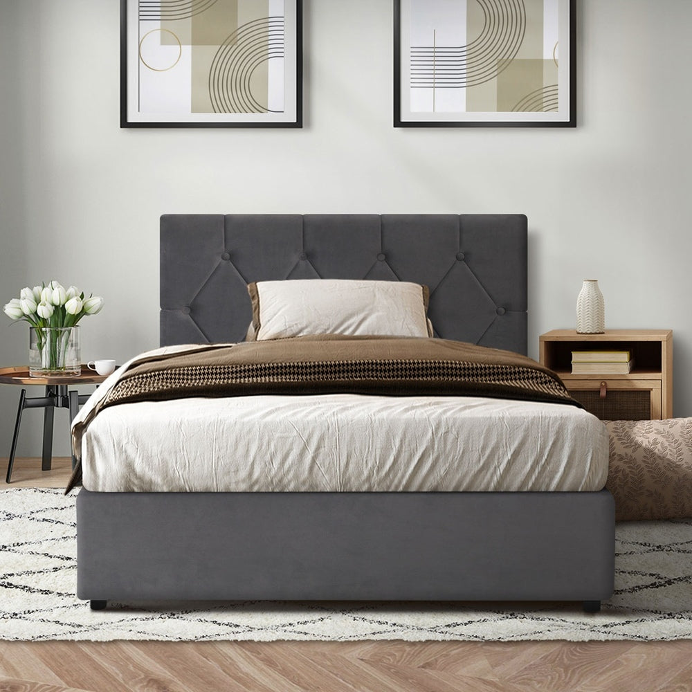 Oikiture Bed Frame King Single Gas Lift Base Storage Fabric Grey-Bed Frames-PEROZ Accessories