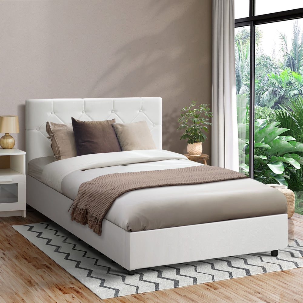 Oikiture Bed Frame King Single Gas Lift Base Storage Leather White-Bed Frames-PEROZ Accessories