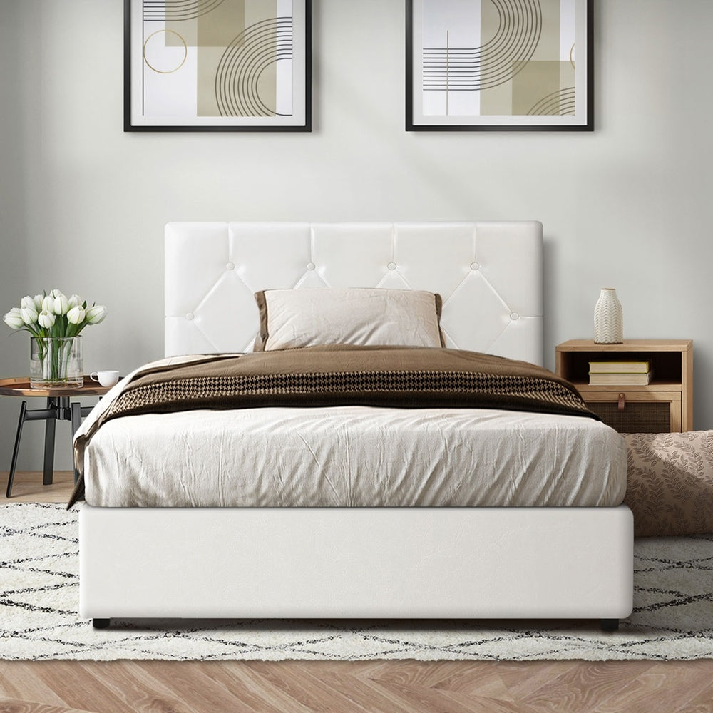 Oikiture Bed Frame King Single Gas Lift Base Storage Leather White-Bed Frames-PEROZ Accessories