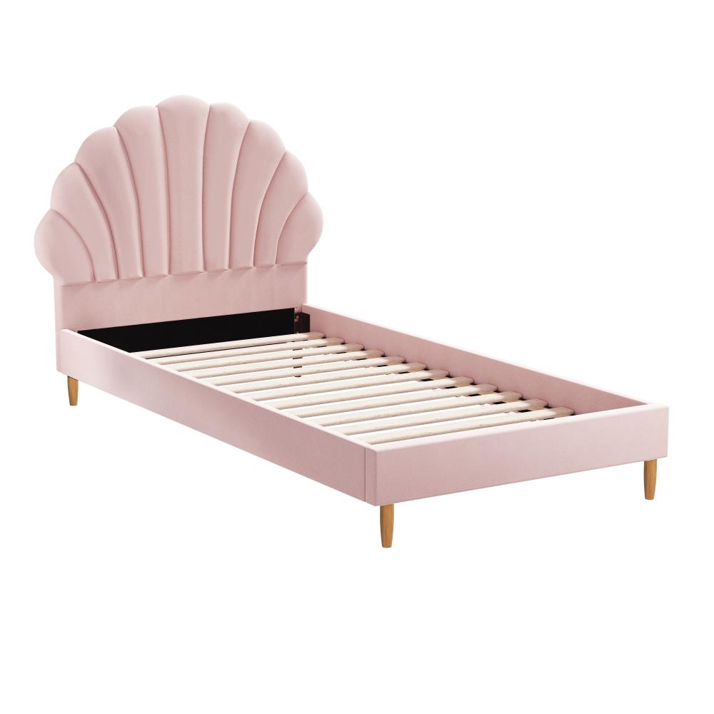 Oikiture Single Bed Frame Scallop-Shape Bedhead Pink Velvet-Bed Frames-PEROZ Accessories