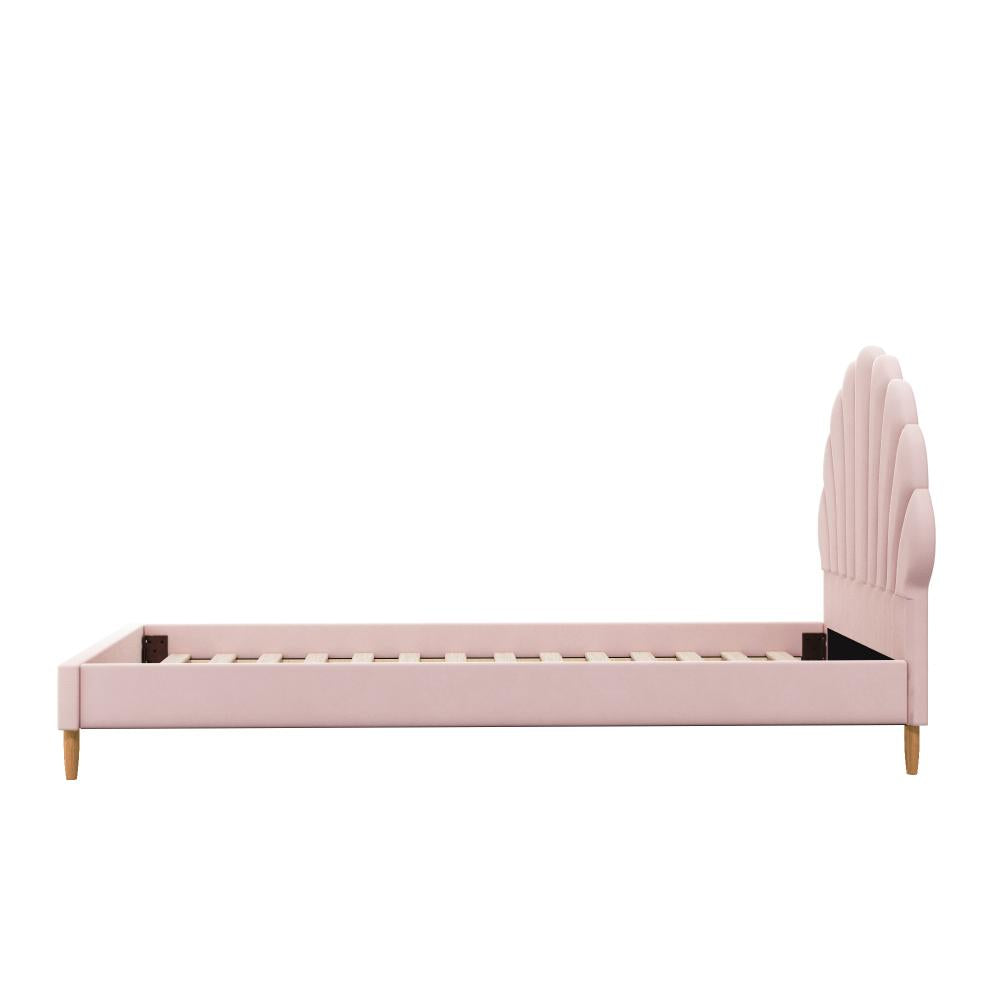 Oikiture Single Bed Frame Scallop-Shape Bedhead Pink Velvet-Bed Frames-PEROZ Accessories