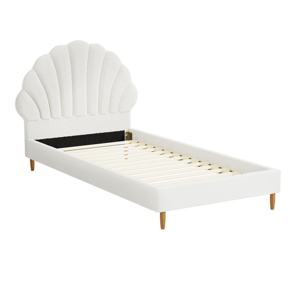 Oikiture Single Bed Frame Scallop-Shape Bedhead White Boucle-Bed Frames-PEROZ Accessories