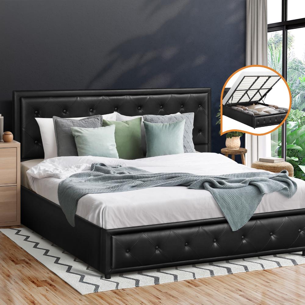 Oikiture King Bed Frame with Storage Space Gas Lift Bed Mattress Base Black-Bed Frames-PEROZ Accessories