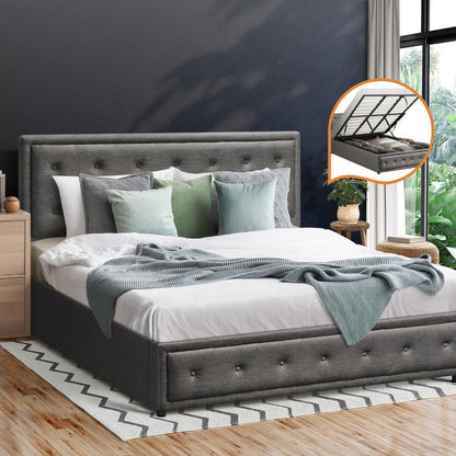 Oikiture King Bed Frame with Storage Space Gas Lift Bed Mattress Base Grey-Bed Frame-PEROZ Accessories