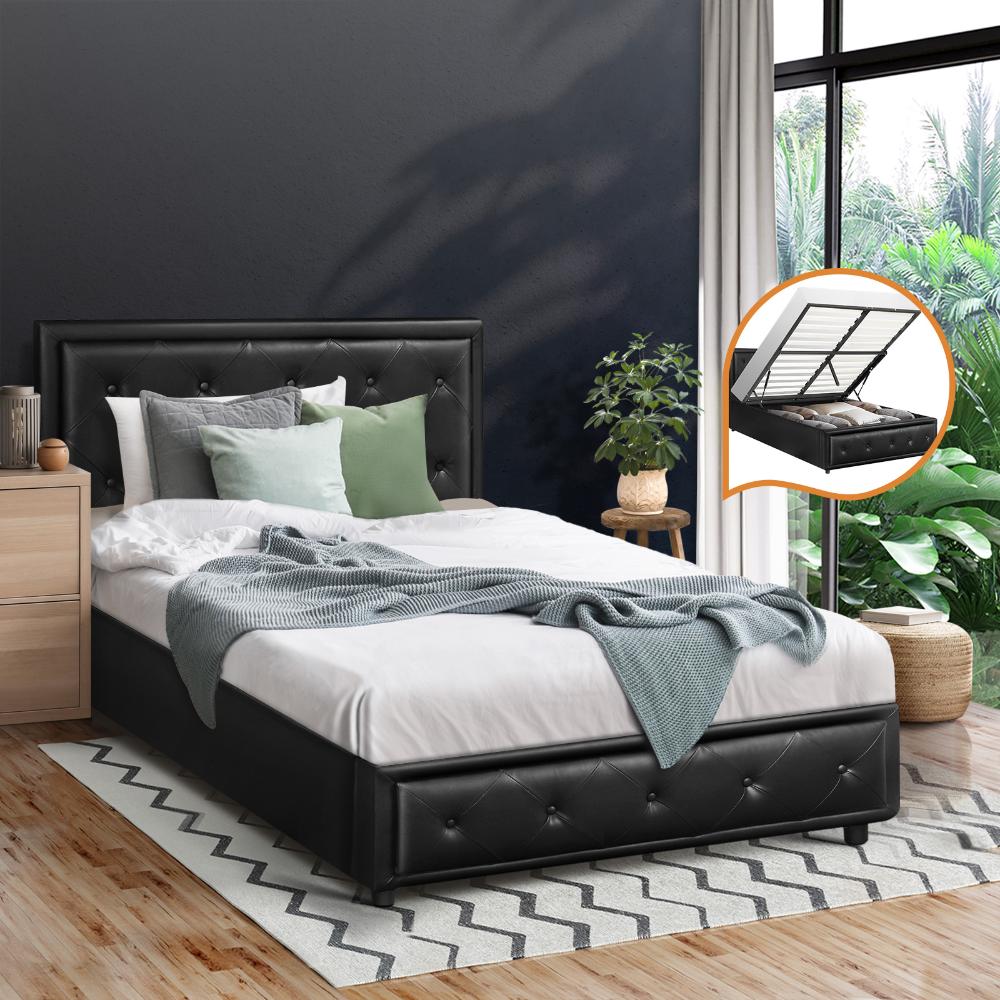 Oikiture King Single Bed Frame with Storage Space Gas Lift Bed Mattress Base Black-Bed Frame-PEROZ Accessories