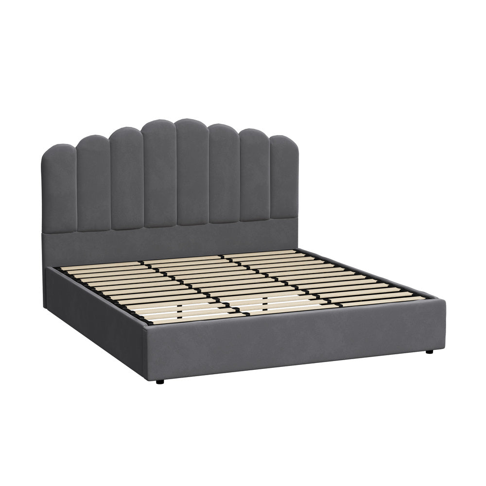 Oikiture Bed Frame King Size Gas Lift Velvet Grey-Bed Frames-PEROZ Accessories