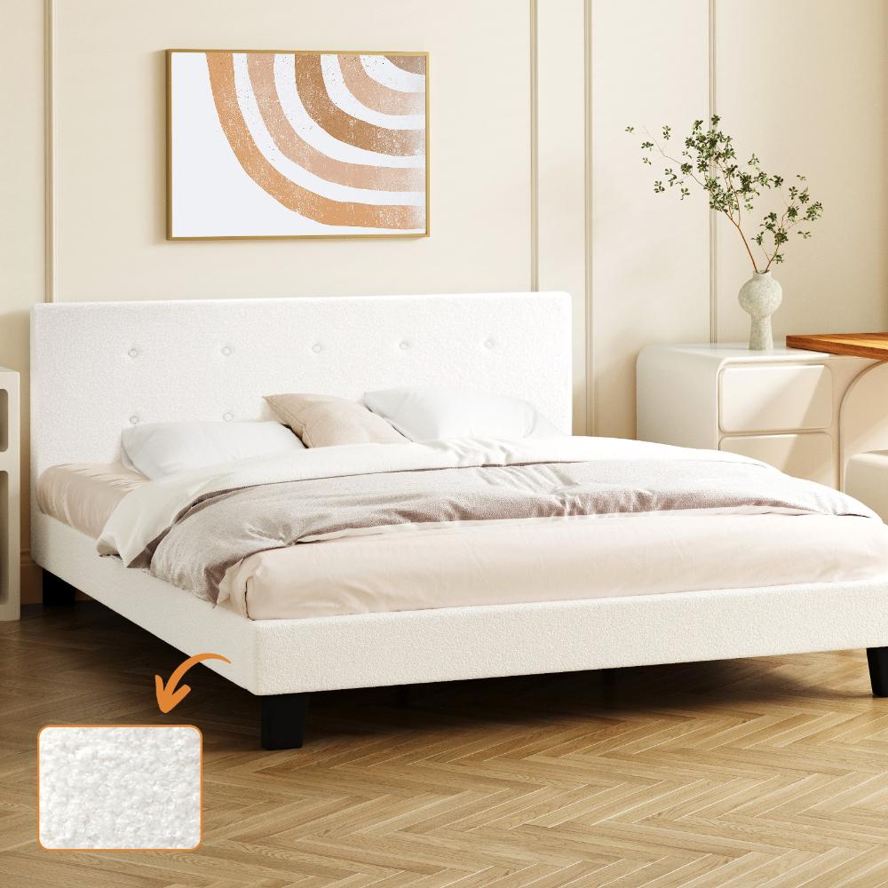 Oikiture Bed Frame Double Size White Boucle-Bed Frames-PEROZ Accessories