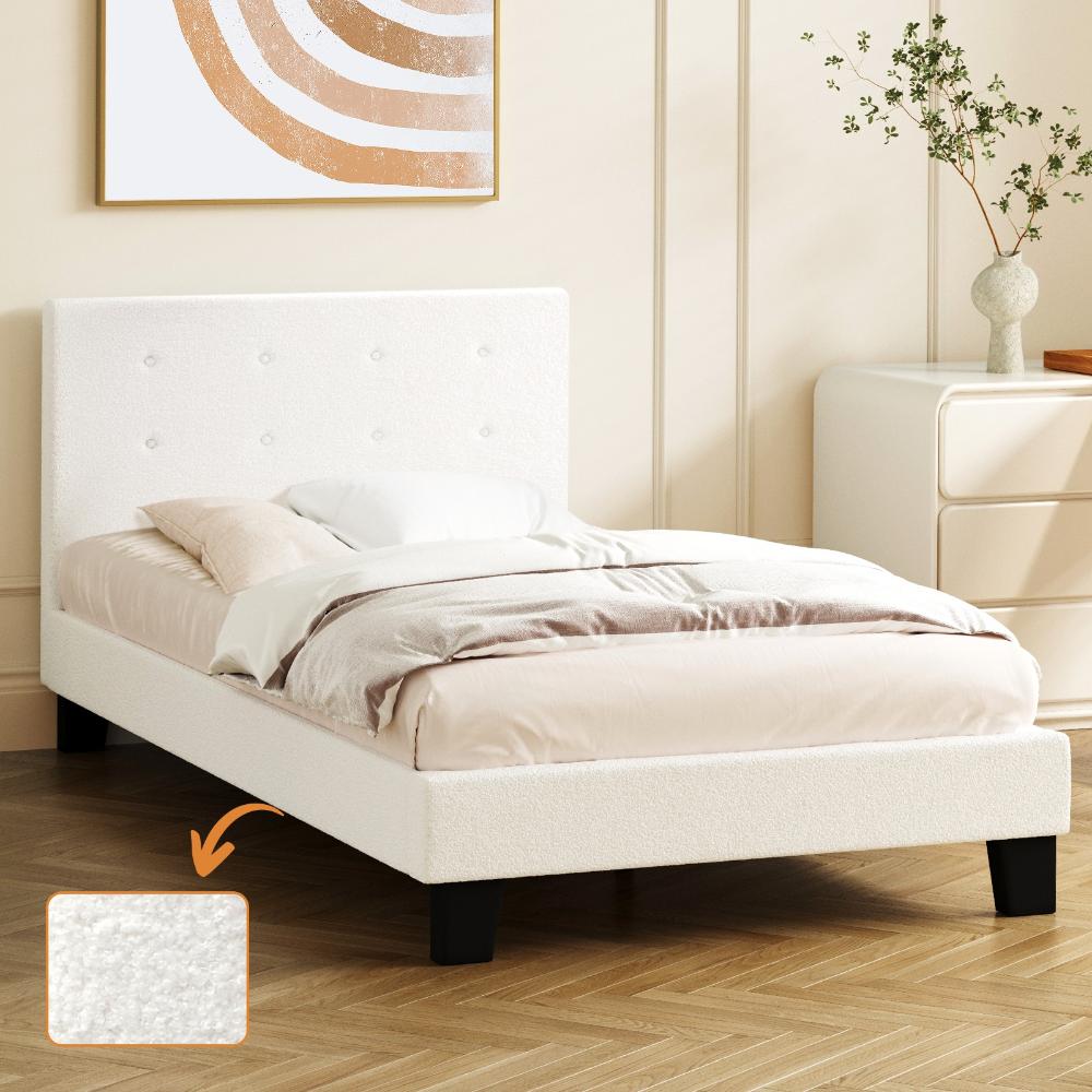 Oikiture Bed Frame King Single White Boucle-Bed Frames-PEROZ Accessories