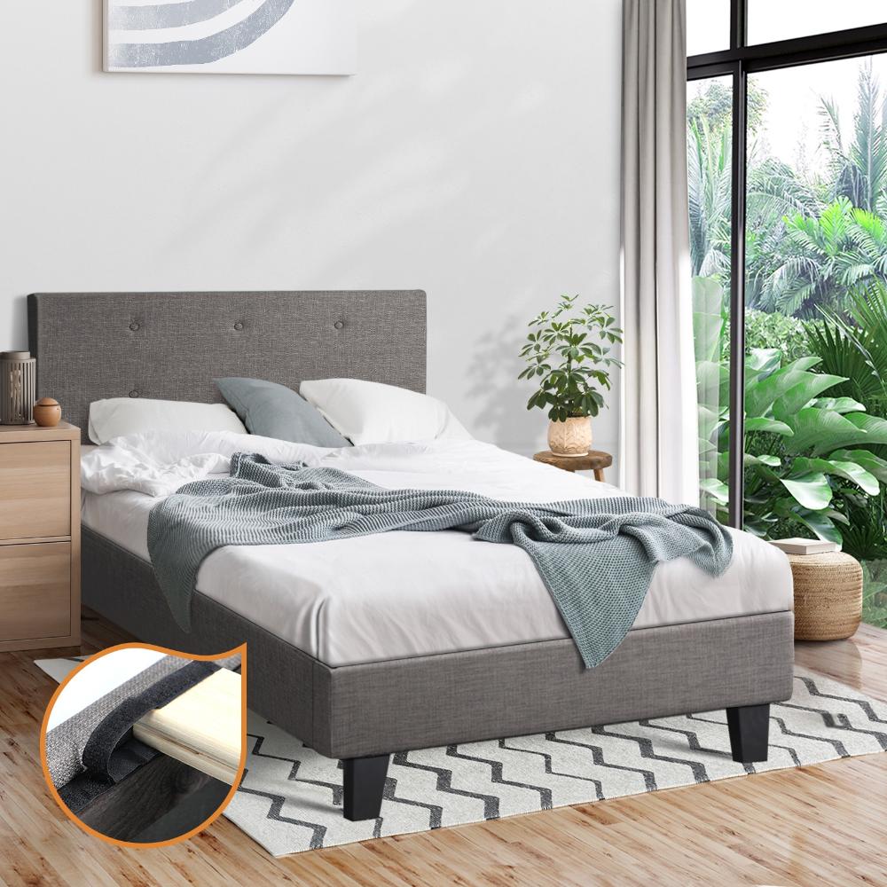 Oikiture Bed Frame Single Size Wooden Fabric Grey-Bed Frames-PEROZ Accessories