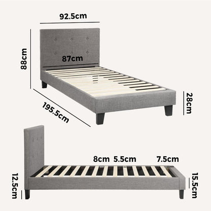 Oikiture Bed Frame Single Size Wooden Fabric Grey-Bed Frames-PEROZ Accessories