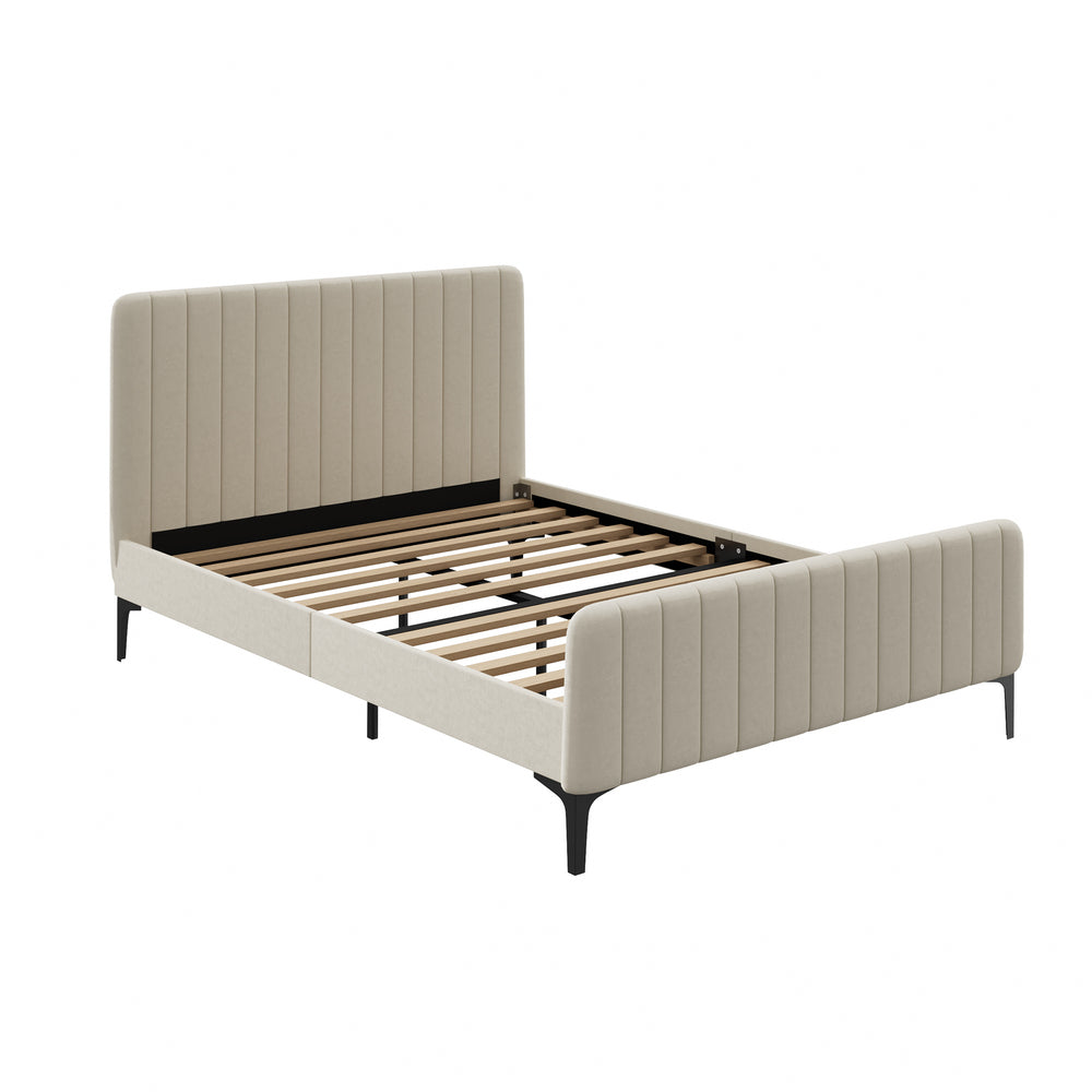 Oikiture Double Size Bed Frame Velvet Fabric Beige-Bed Frames-PEROZ Accessories