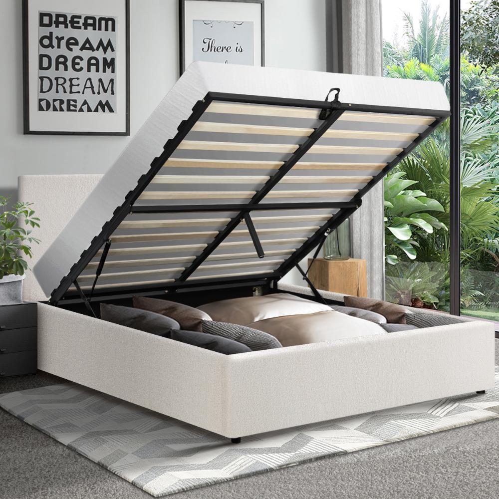 Oikiture Double Bed Frame Gas Lift Storage Base White Boucle-Bed Frames-PEROZ Accessories