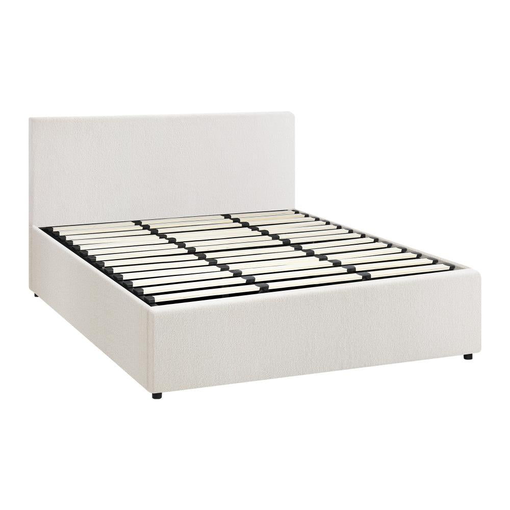 Oikiture King Bed Frame Gas Lift Storage Base White Boucle-Bed Frames-PEROZ Accessories