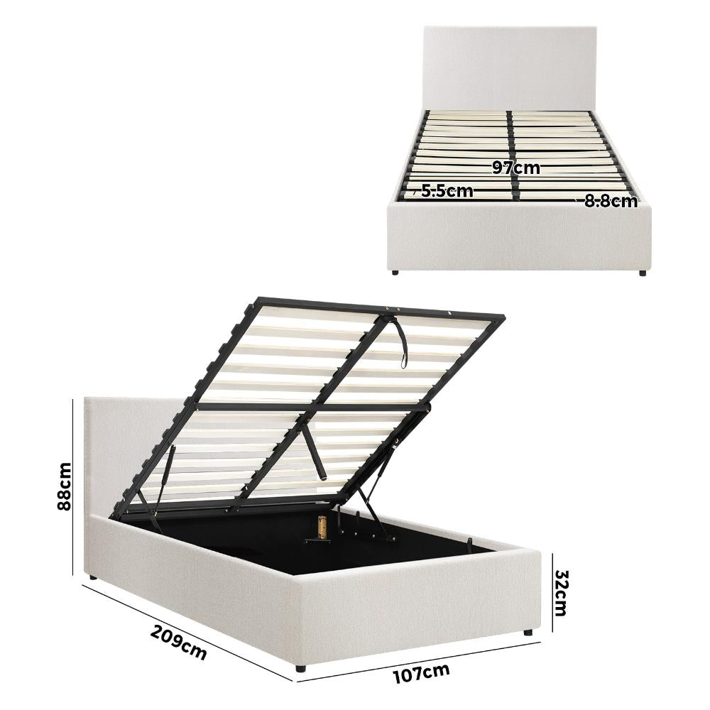 Oikiture Bed Frame King Single Gas Lift Storage Base White Boucle-Bed Frames-PEROZ Accessories