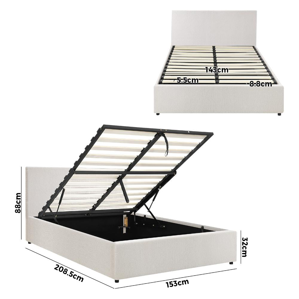 Oikiture Queen Bed Frame Gas Lift Storage Base White Boucle-Bed Frames-PEROZ Accessories