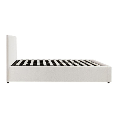 Oikiture Queen Bed Frame Gas Lift Storage Base White Boucle-Bed Frames-PEROZ Accessories