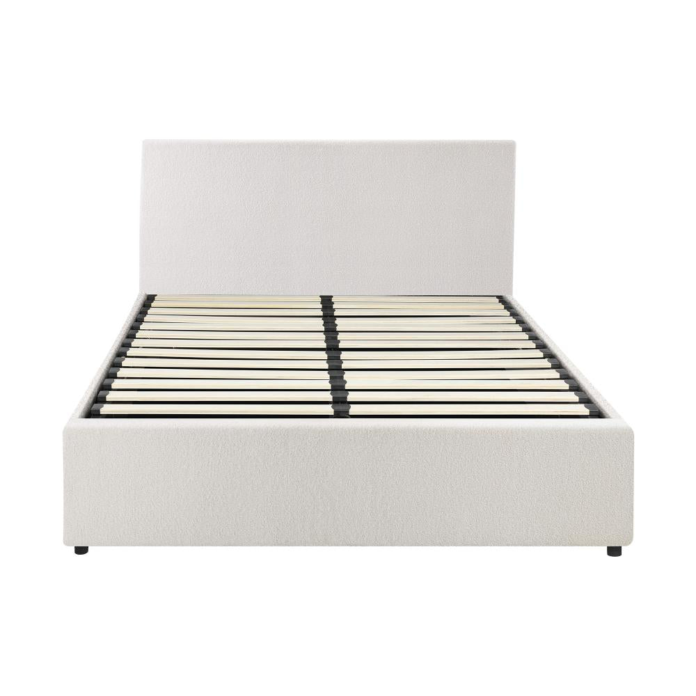 Oikiture Queen Bed Frame Gas Lift Storage Base White Boucle-Bed Frames-PEROZ Accessories