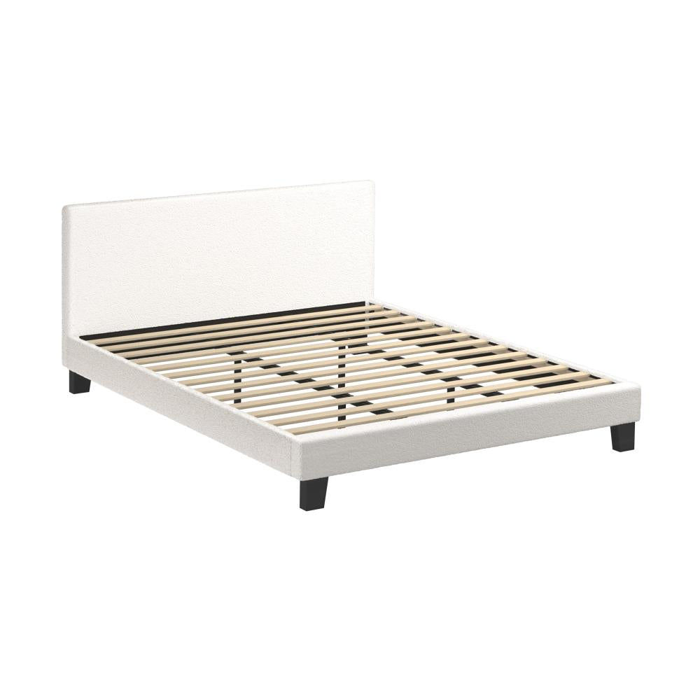 Oikiture King Bed Frame with Wooden Slats and Boucle Fabric Bed Base Mattress Platfrom White-Bed Frames-PEROZ Accessories